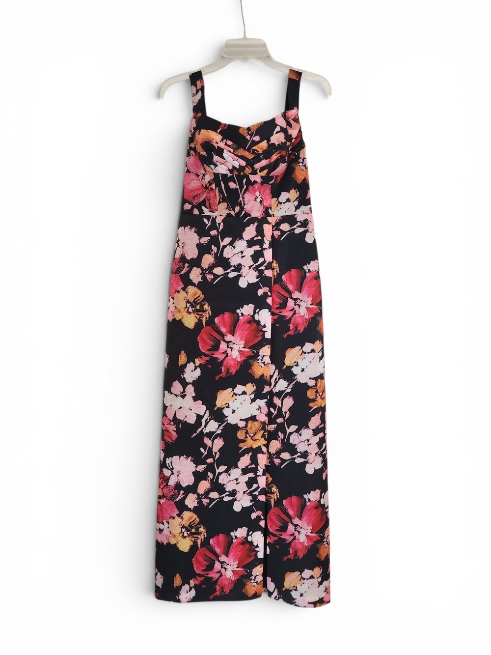 Kay Unger Black Evening Floral Dress with Subtle Sheen And Slit Size 4